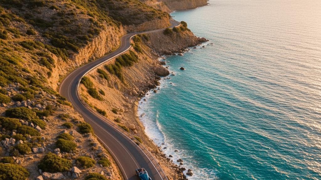 Albanian coastal road along the Adriatic Sea with mountains in the background