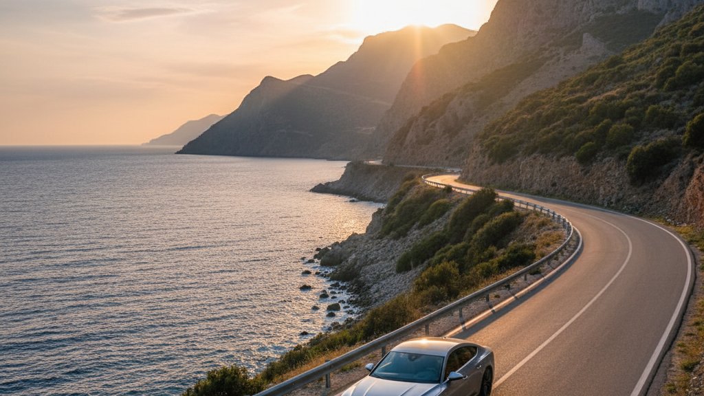 Audi rental car in Albania with mountain landscape