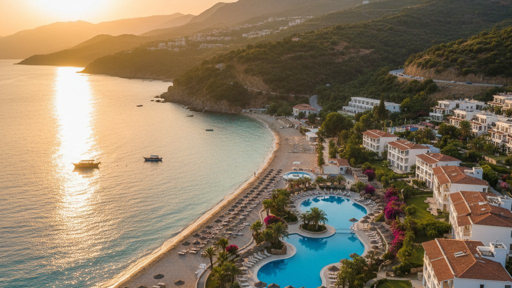 Albanian beach resort with turquoise water and white sand