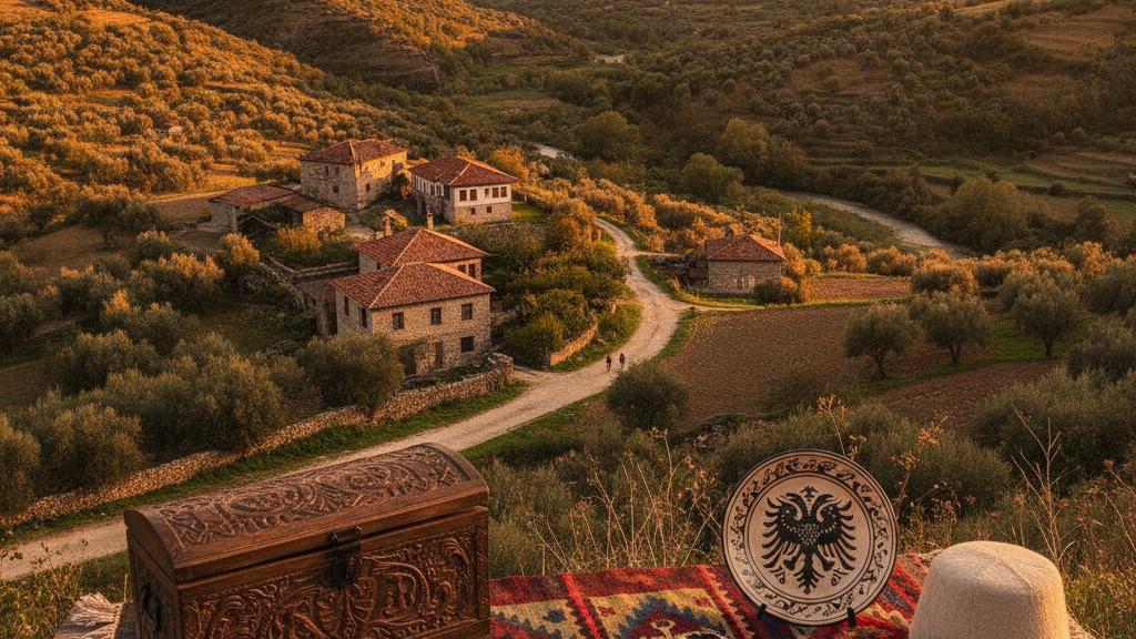 Artisan weaving traditional Albanian textile on wooden loom