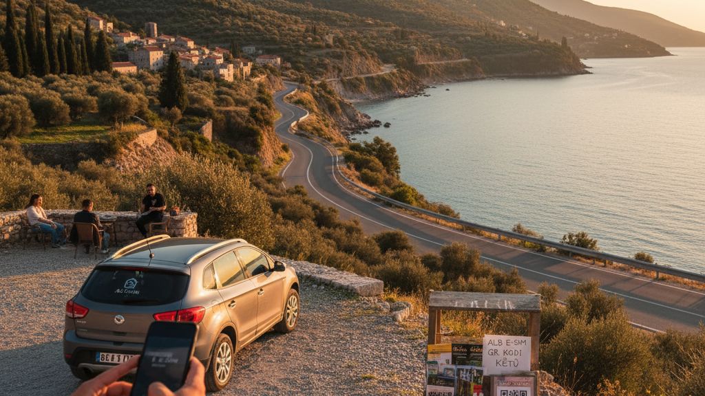 Smartphone displaying eSIM activation screen with Albanian landscape in background