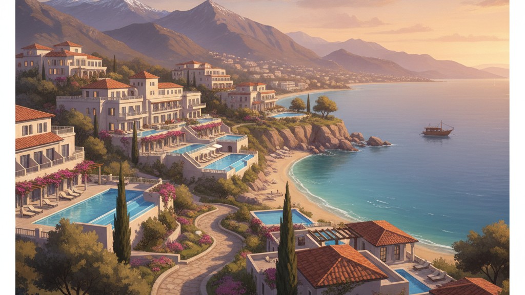 luxury hotel exterior in Albania with mountain backdrop