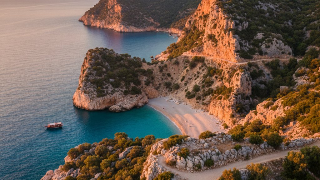 Carretera costera SH8 de Albania con curvas serpenteantes junto al mar Adriatico