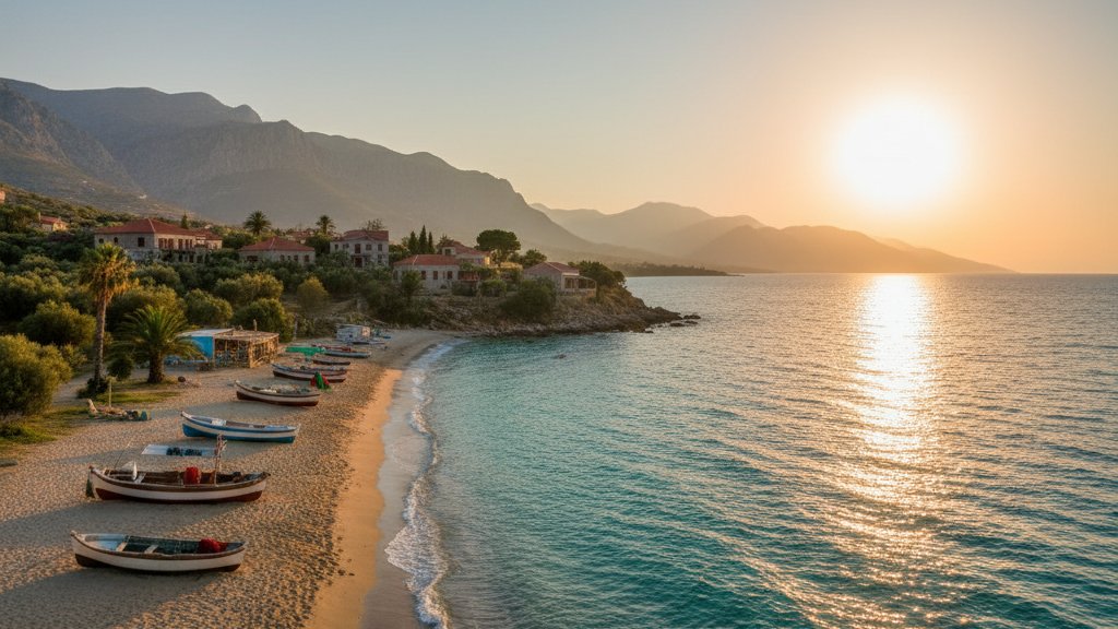 Playa de Ksamil en Albania con aguas cristalinas turquesas y arena blanca en verano