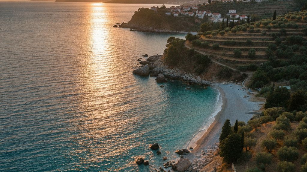 Costa jonica de Albania con montanas escarpadas y playas de guijarros en mayo