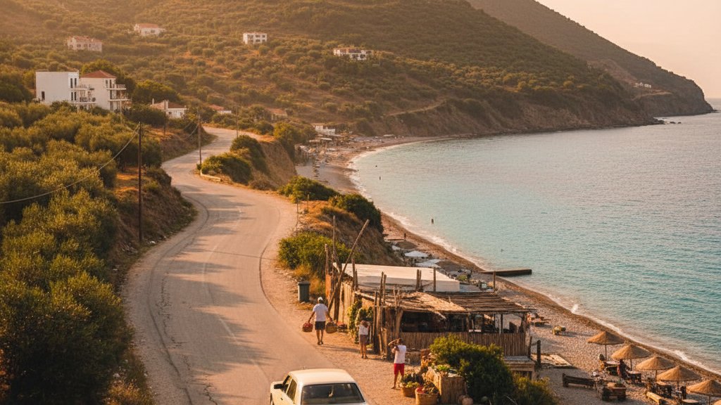 Playa de Dhermi en Albania con aguas azules y gente disfrutando en verano