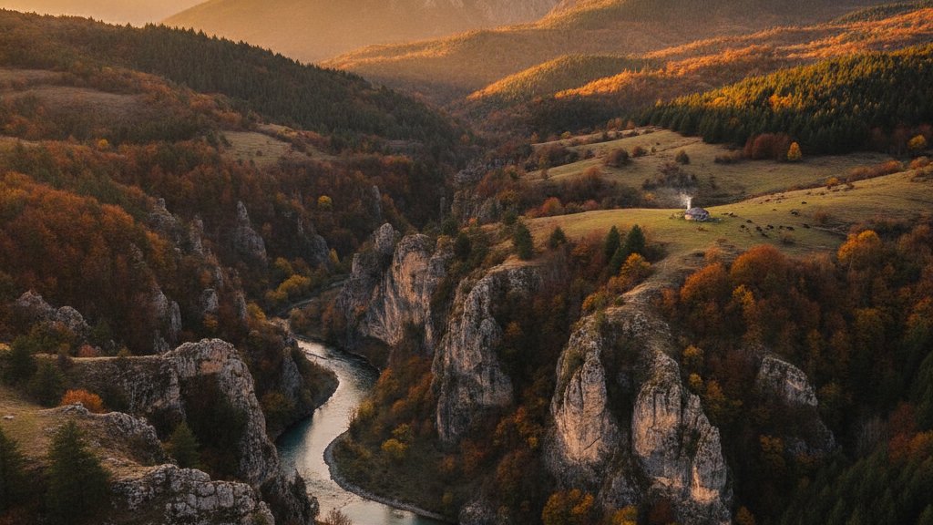 Valle de Theth con montanas escarpadas y rio cristalino en los Alpes Albaneses