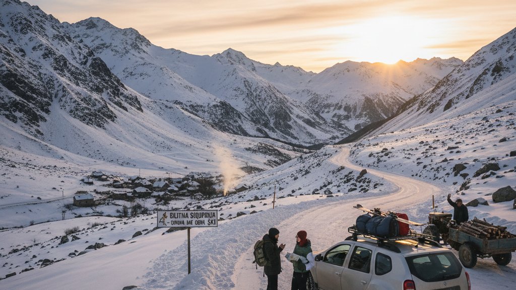 Four-wheel drive vehicle on snowy mountain road with Albanian Alps in background