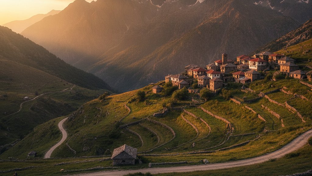 Pueblo de montana en los Alpes albaneses con casas de piedra tradicionales y picos nevados al fondo