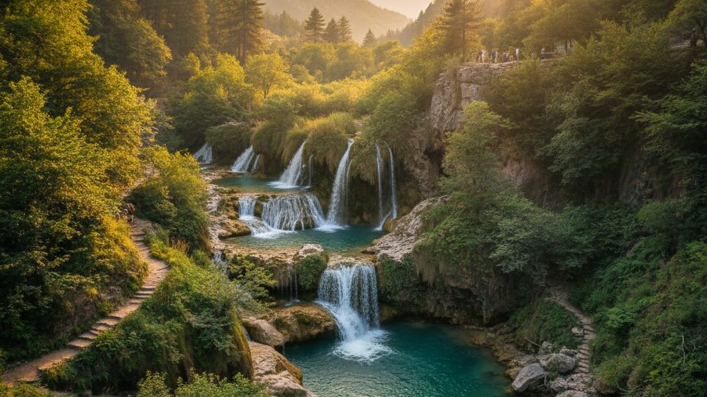 Grunas waterfall in Tropoja region with rocky cliffs and turquoise pool below