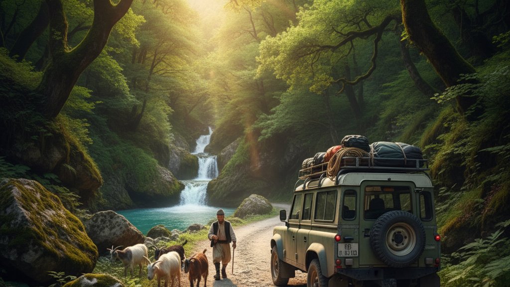 Unpaved mountain road leading to Albanian waterfall trailhead with parked SUV