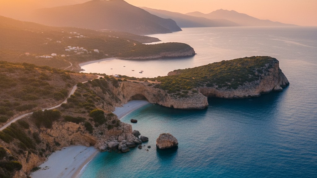 Dhermi Beach white pebbles Ionian coast Albania mountains background