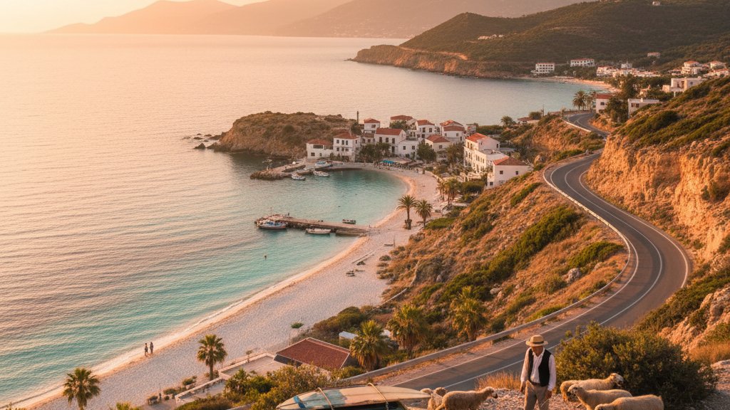 Livadhi Beach Himara waterfront promenade Albania sunset Ionian Sea