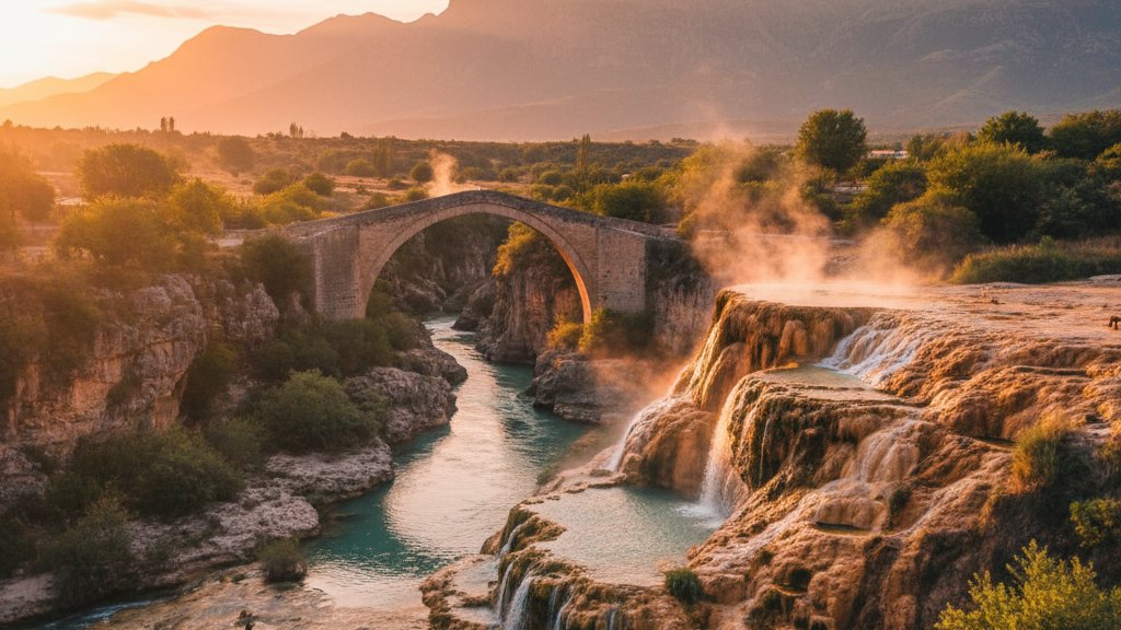 Piscinas naturales de aguas termales en Benja con puente otomano de piedra