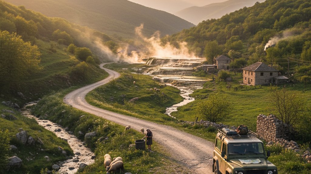 Canon de montana con rio y vegetacion alrededor de manantiales termales en Albania