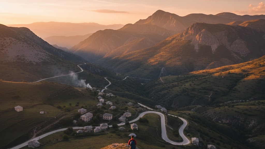 Viajero solitario explorando Albania con mochila en paisaje de montana