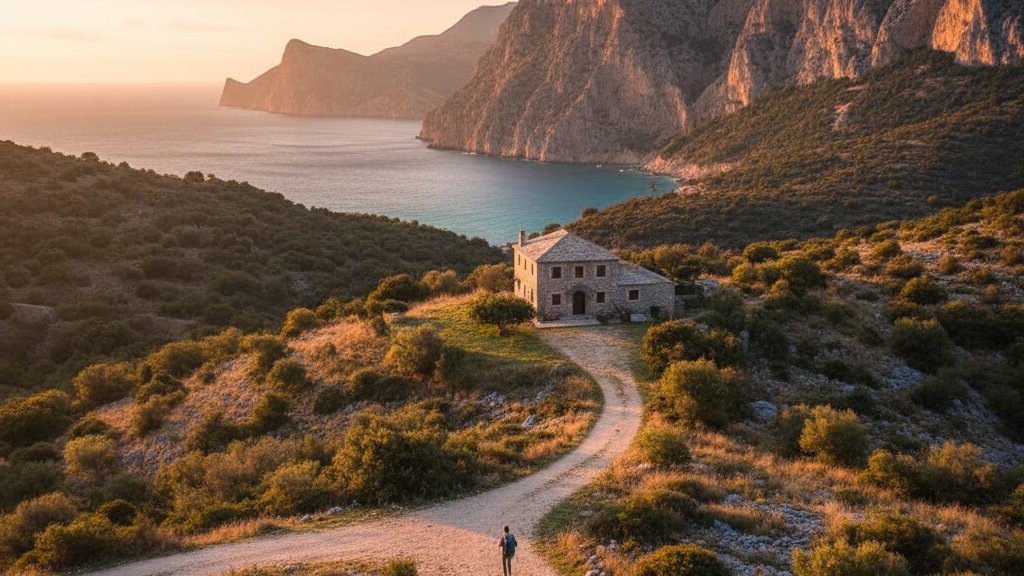 Traditional Albanian guesthouse in the stone village of Theth surrounded by mountain peaks