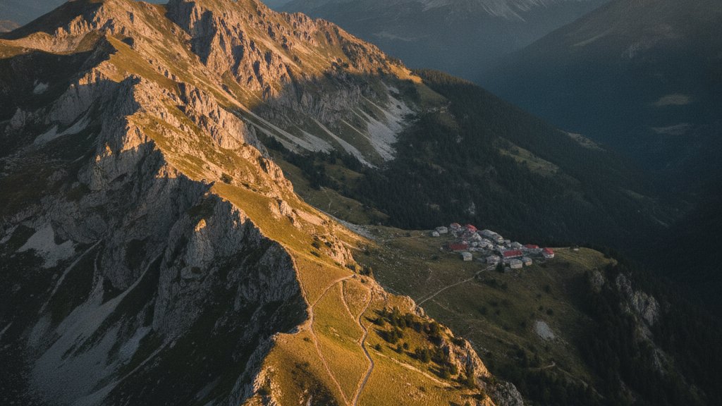 Hiking trail through Albanian Alps mountain landscape with valley views