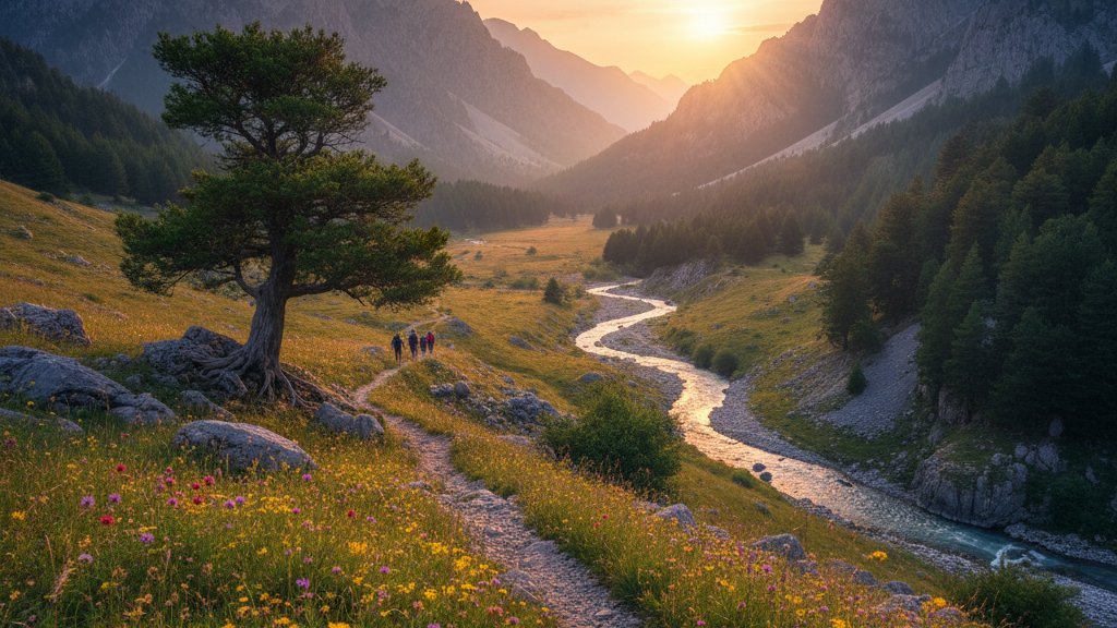 Stone footbridge crossing mountain river in Theth valley with traditional Albanian kulla tower