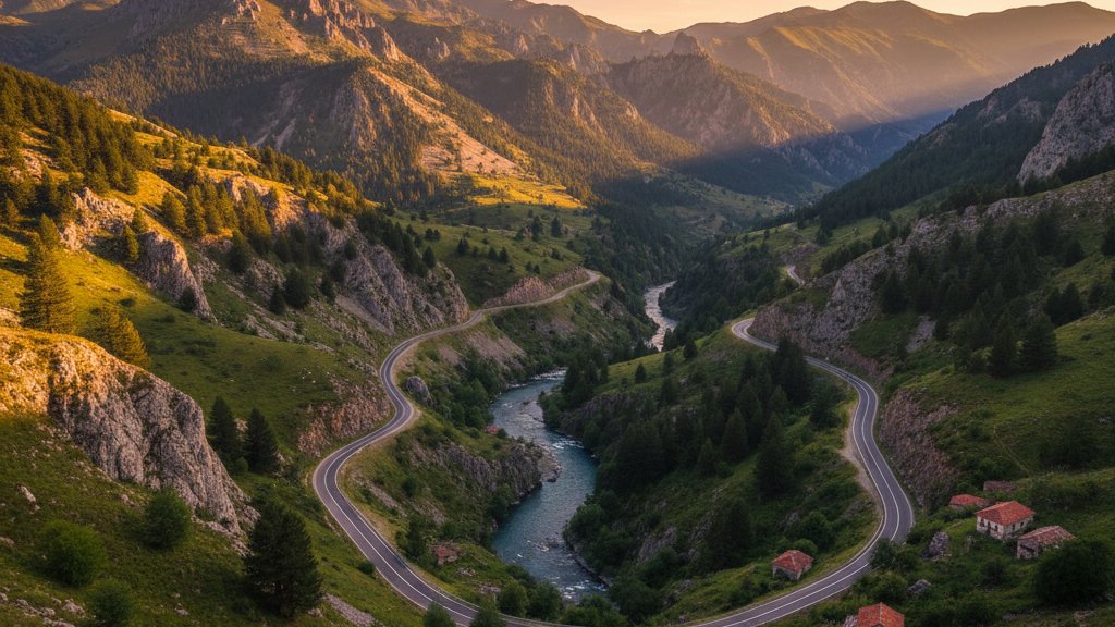 Valle de Valbona en los Alpes albaneses con picos montanosos y pueblo tradicional