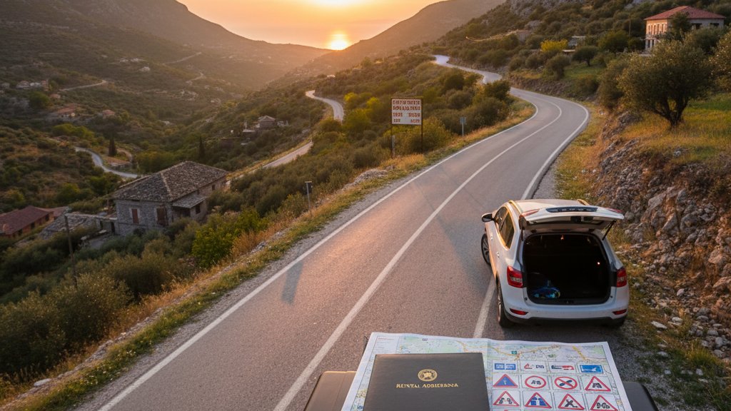 Mountain pass road with warning signs in Albania