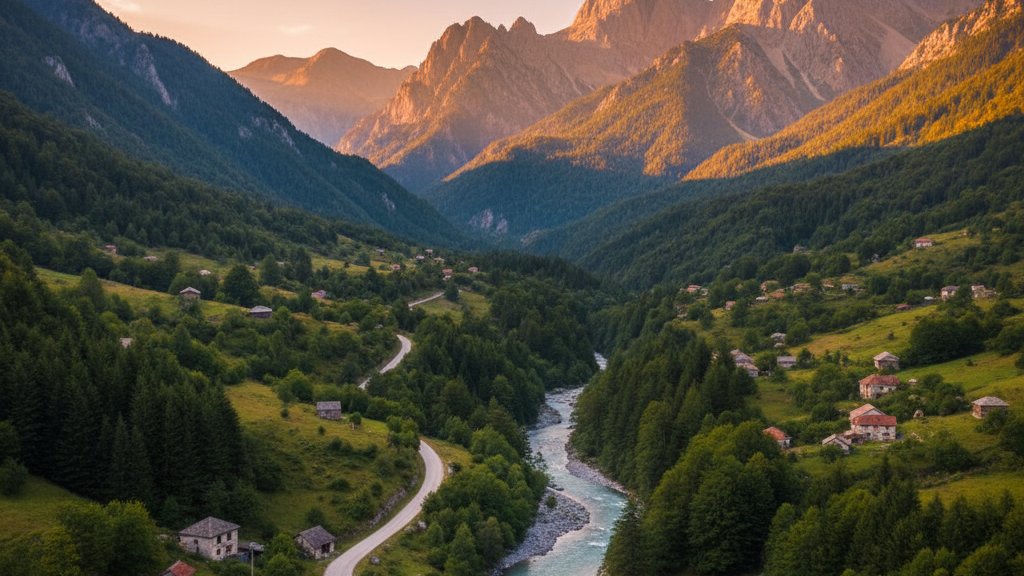 Valbona Valley with dramatic mountain peaks and green valley floor