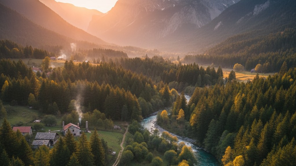 Valbona River crystal clear turquoise water flowing over limestone rocks with beech forest Albanian Alps