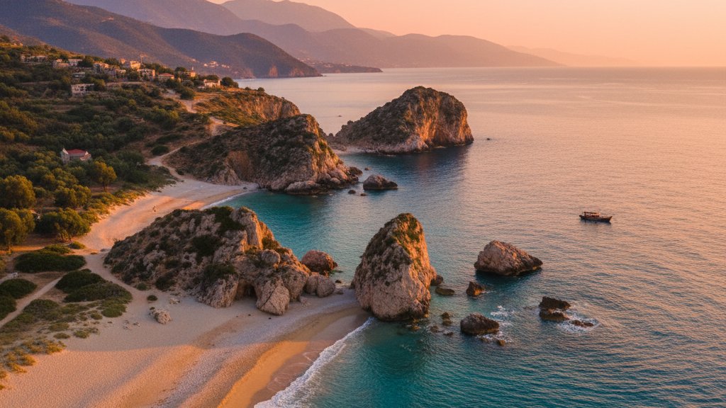 Albanian Riviera coastline with crystal-clear turquoise waters and white sand beaches
