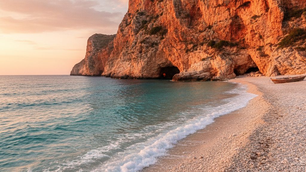 Dhermi Beach on Albanian Riviera with white pebbles and mountain backdrop