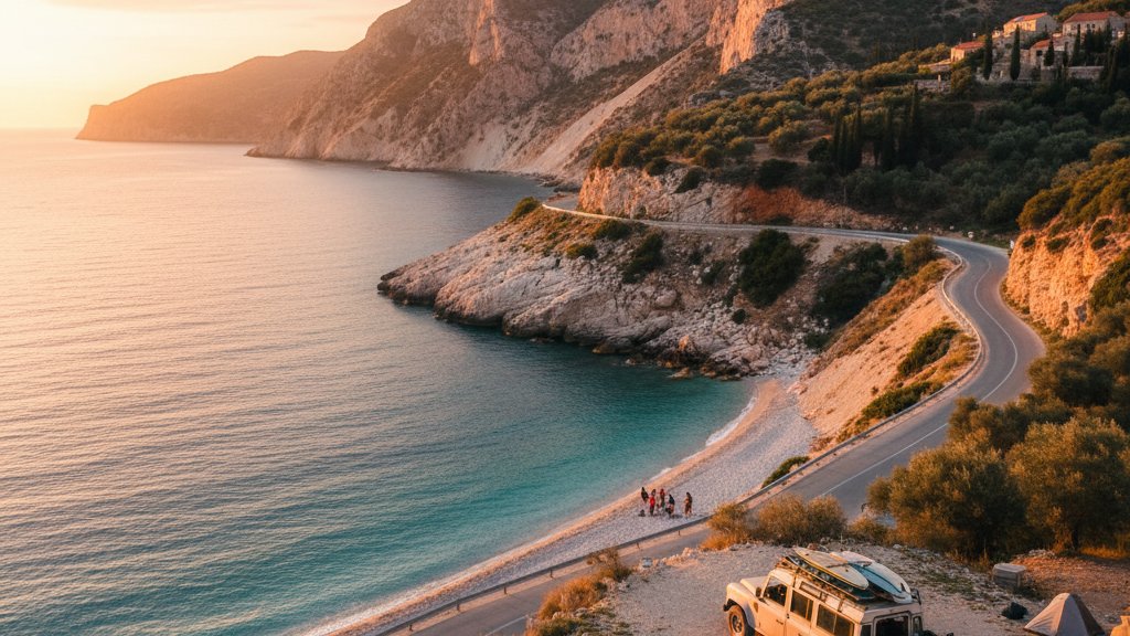 Gjipe Beach at canyon mouth with towering limestone cliffs and turquoise water