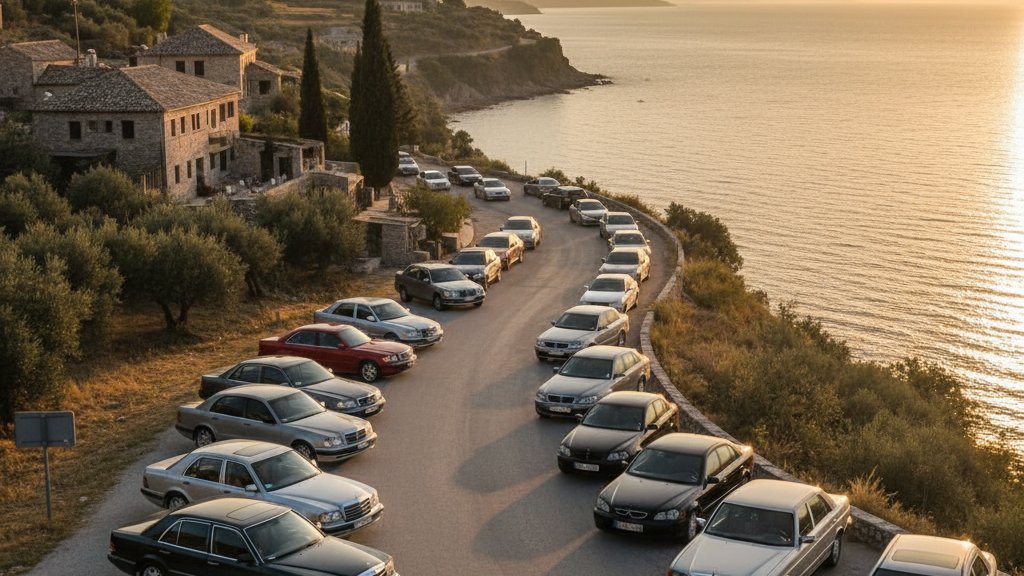 Mercedes-Benz garees sur une rue de Tirana Albanie montrant la presence dominante de la marque