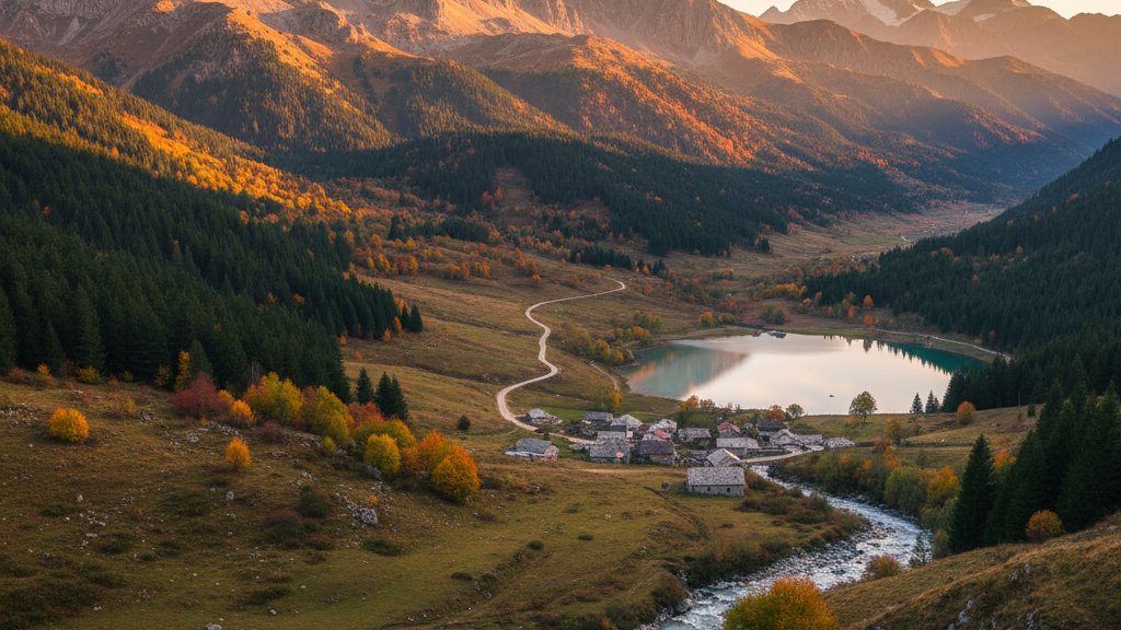 Hikers on mountain trail in Albanian Alps during spring shoulder season