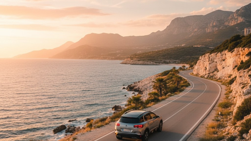 Citroen rental car on Albanian coastal road near Vlora