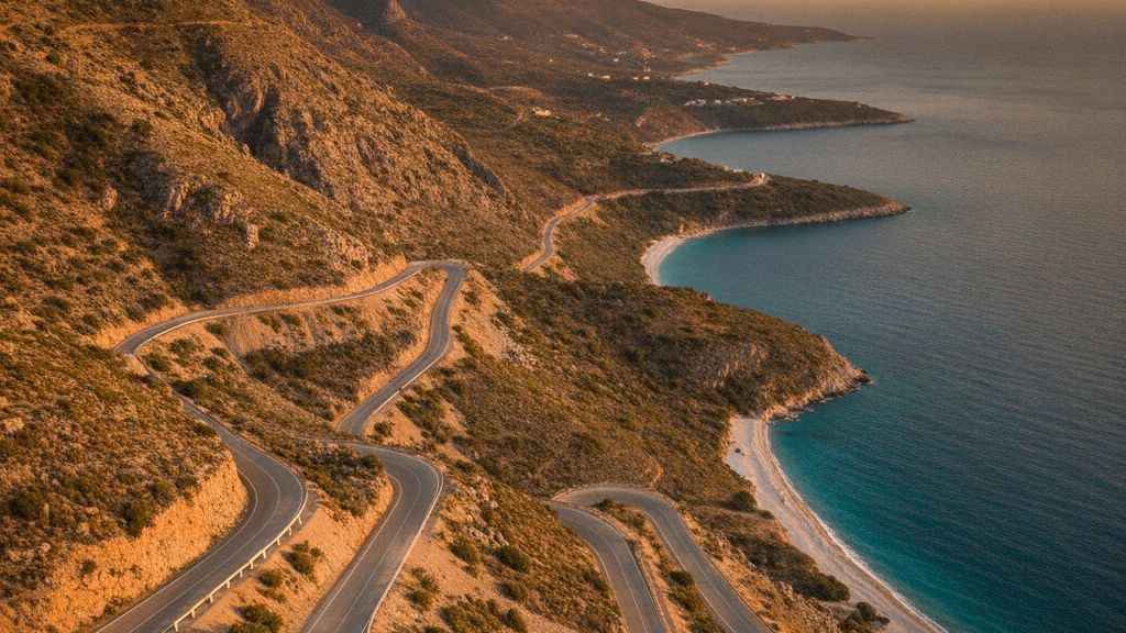 Convertible car on coastal road in Albania with sea view