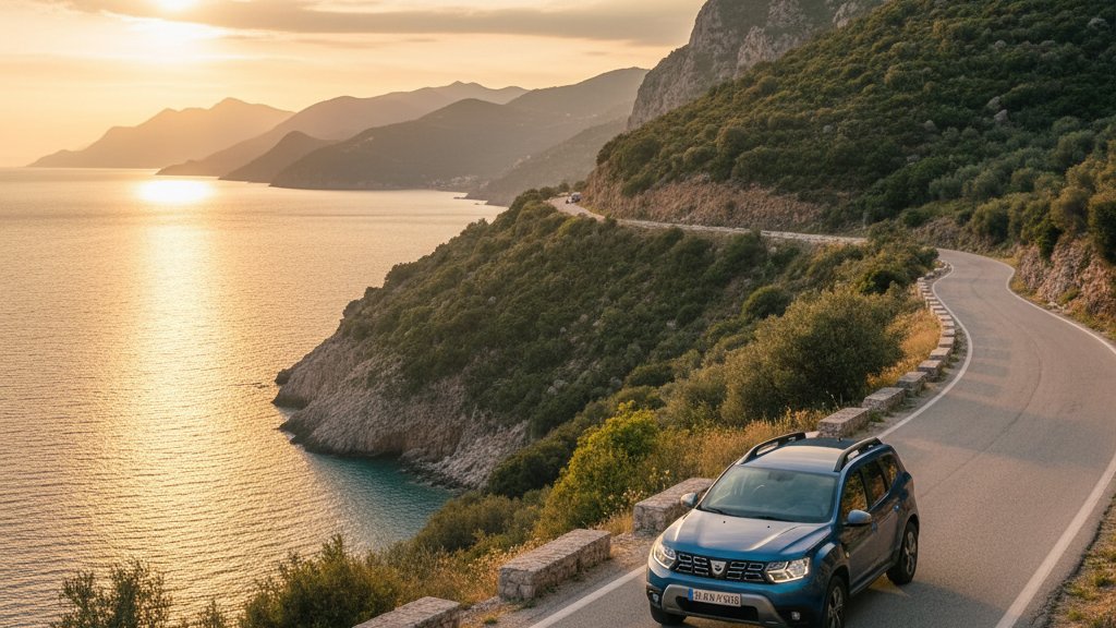 Dacia rental car in Albania parked near scenic mountain road