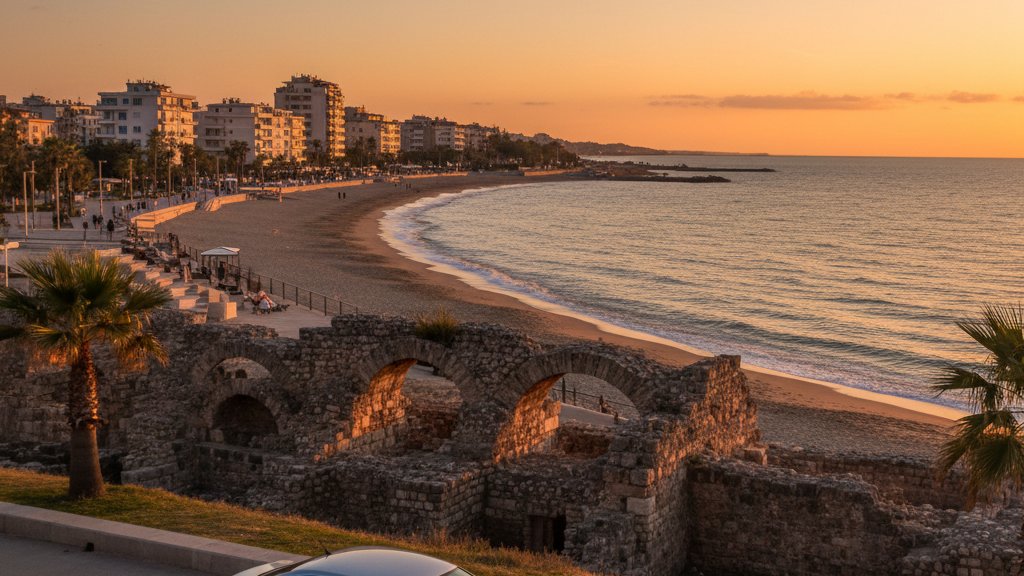 Coastal view of Durres with beach promenade and historic waterfront buildings in Albania