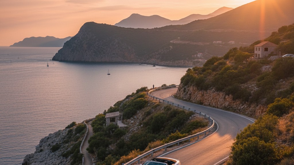 Ford rental car parked near Albanian coastal scenery with mountains in background