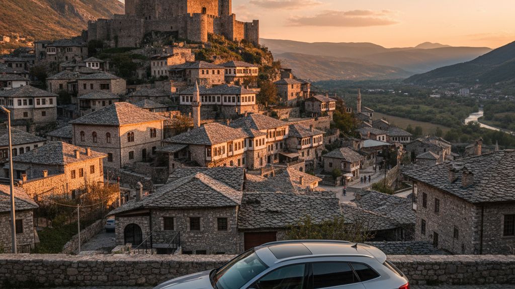 Vista da cidade historica de Gjirokastra com casas de pedra e o castelo no topo da colina no sul da Albania