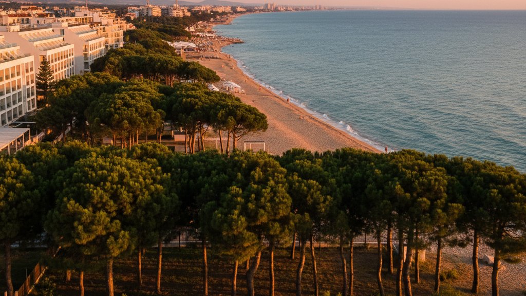 Plage de Golem sur la cote adriatique albanaise avec hotels en bord de mer
