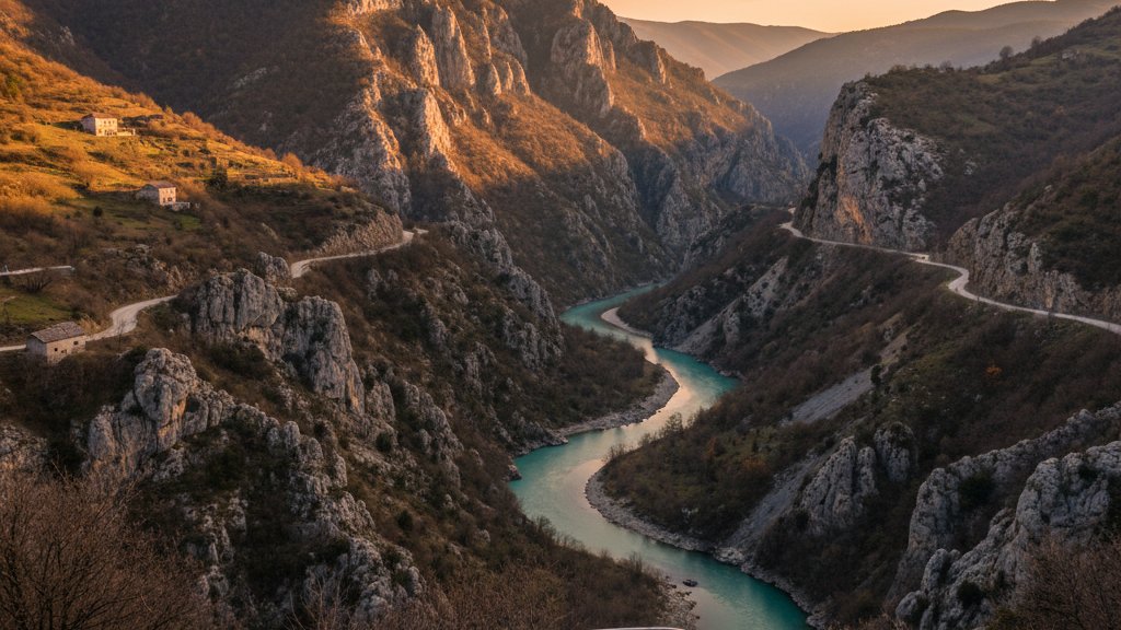 Ville de Gramsh dans les montagnes albanaises avec routes vers les lacs de montagne
