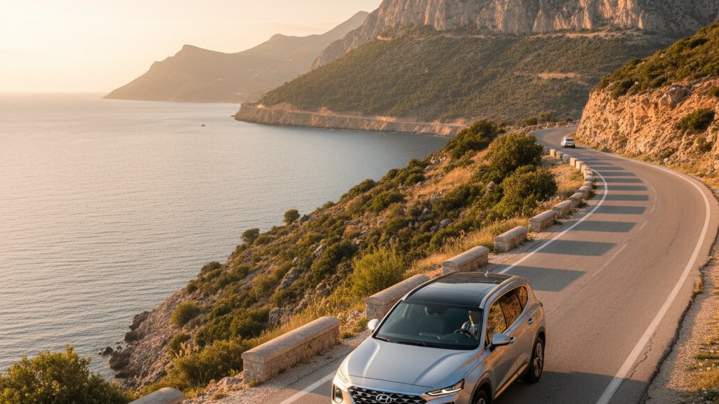 Hyundai rental car parked near Albanian coastal road with mountains in background