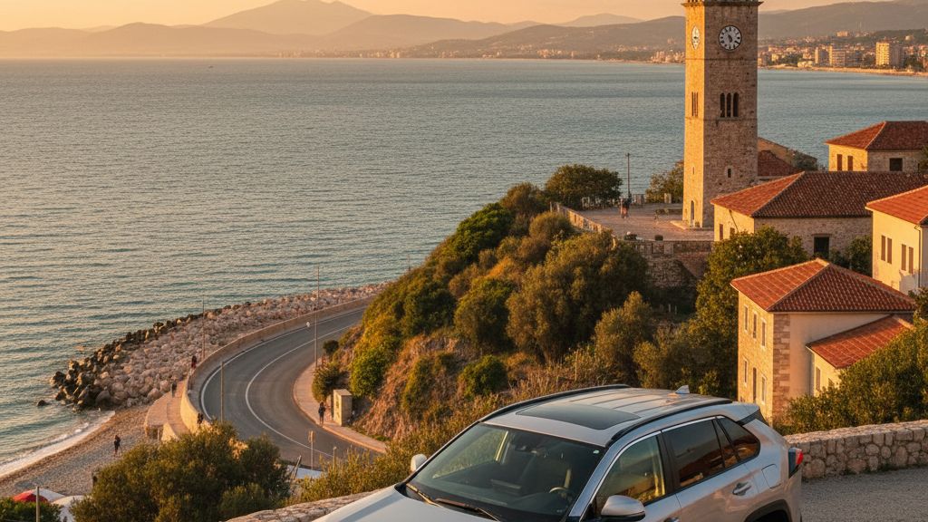 coastal town of Kavaje on the Adriatic shore with sandy beaches and mountains in background