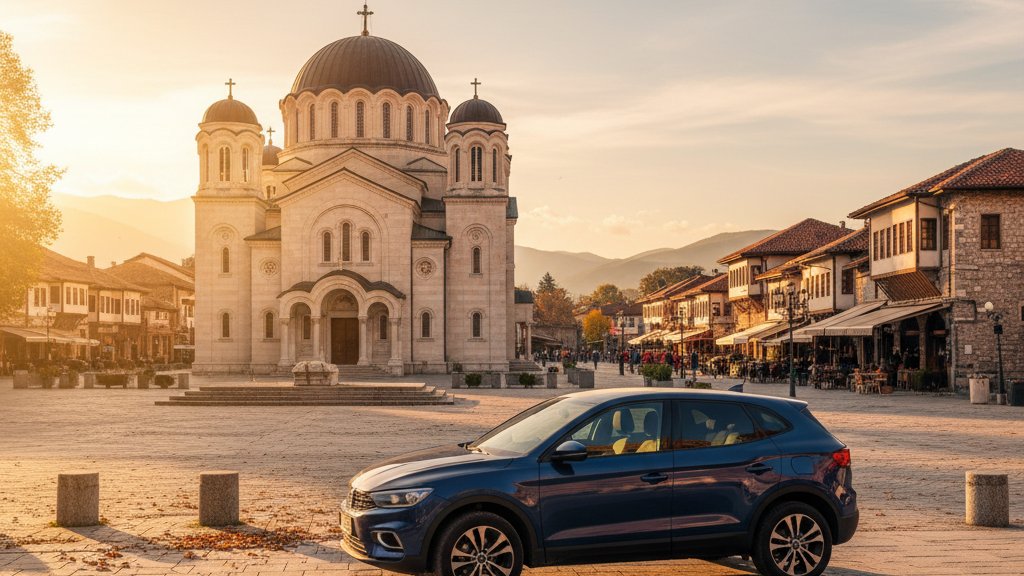 Centro historico de Korce com edificios otomanos e montanhas albanesas no fundo