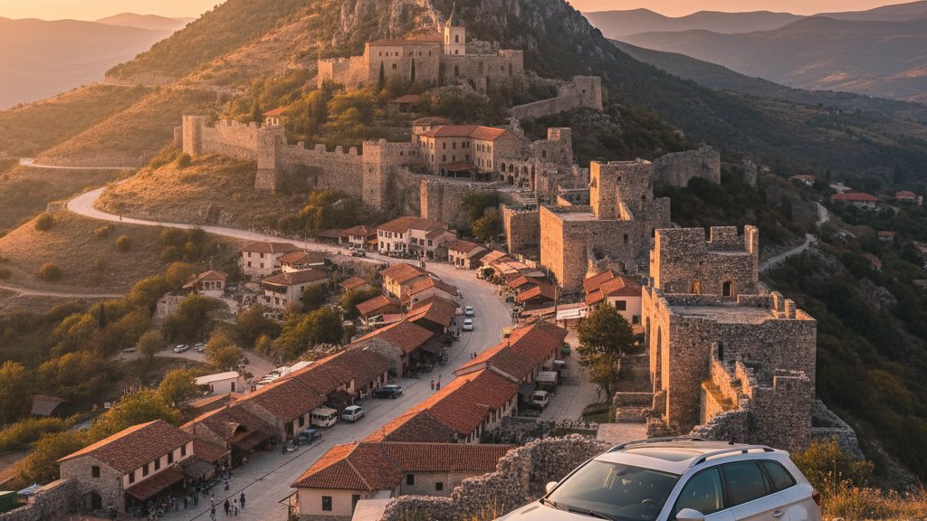Vista storica di Kruje con il castello e le montagne albanesi sullo sfondo