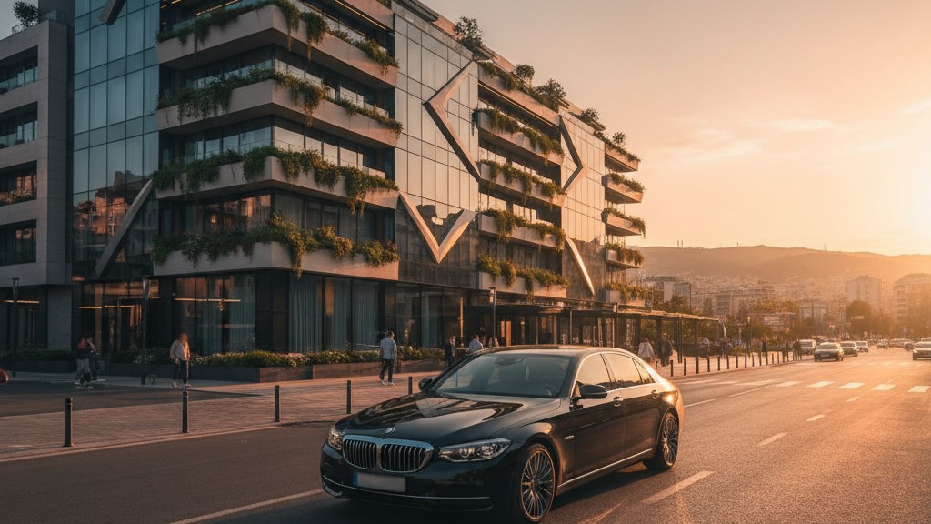 Luxury car on Albanian Riviera coastal road with Mediterranean sea view