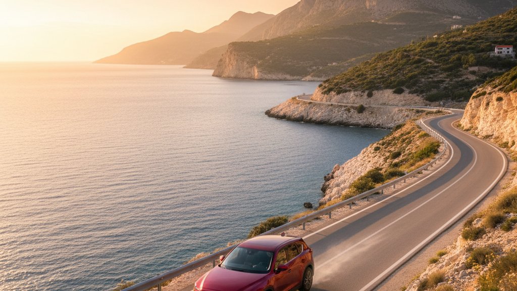 Mazda rental car on Albanian coastal road with mountain backdrop