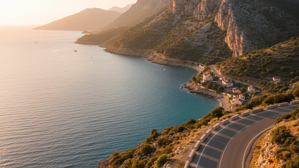 Mitsubishi rental car on Albanian mountain road with coastal view