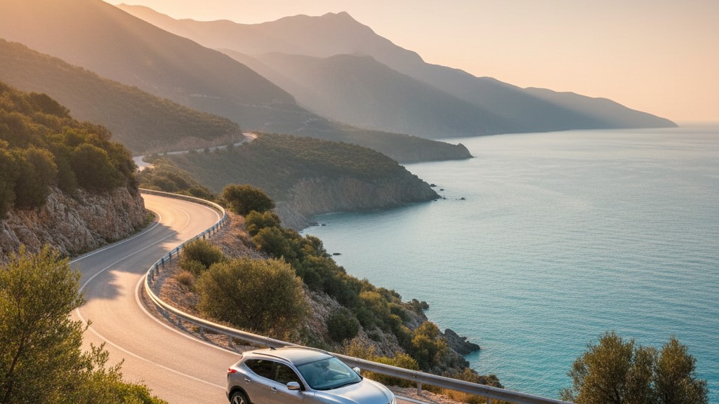 Nissan rental car on Albanian coastal road with mountains in background