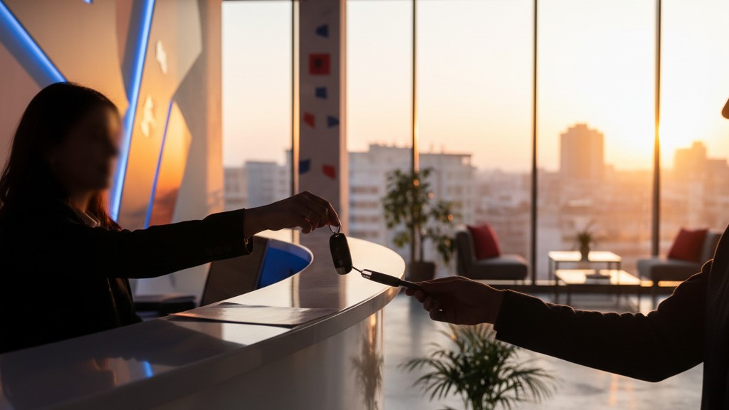 Car rental counter in Tirana with customer signing agreement without deposit requirement