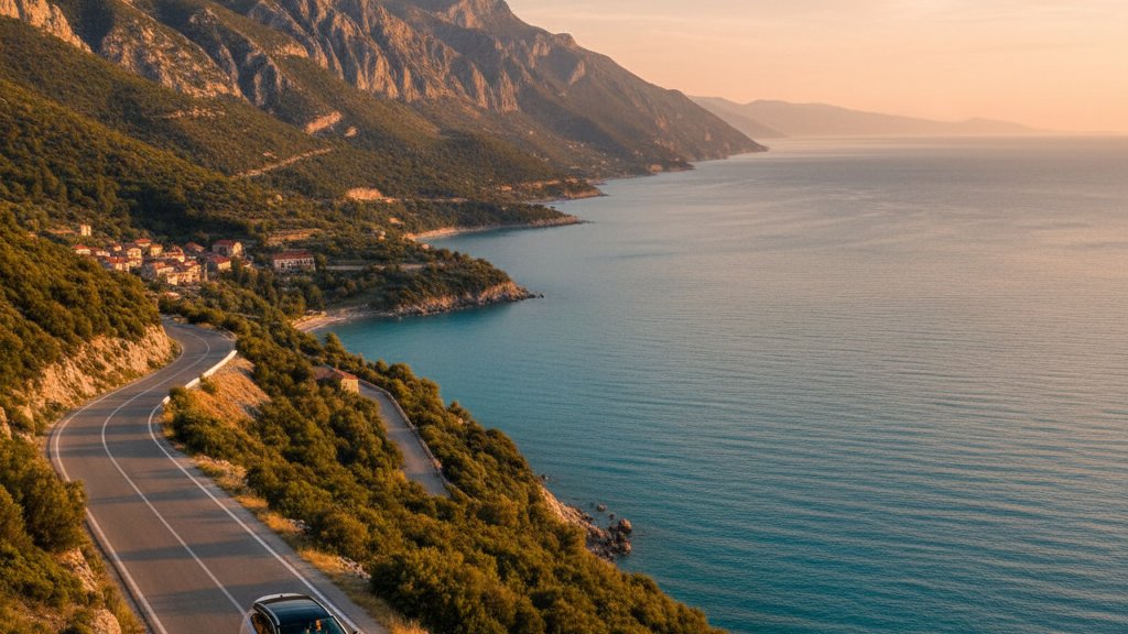 Opel rental car parked in Albania with mountain scenery